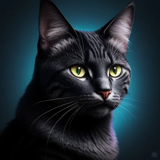 ai generator image - a black cat with yellow eyes looking at the camera with a blue background behind it and a black background behind it, by Alison Kinnaird